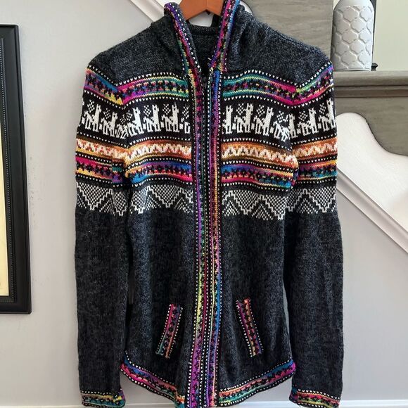 Peruvian Print Gray Acrylic Hoodie Sweater sz M EUC - Picture 1 of 6